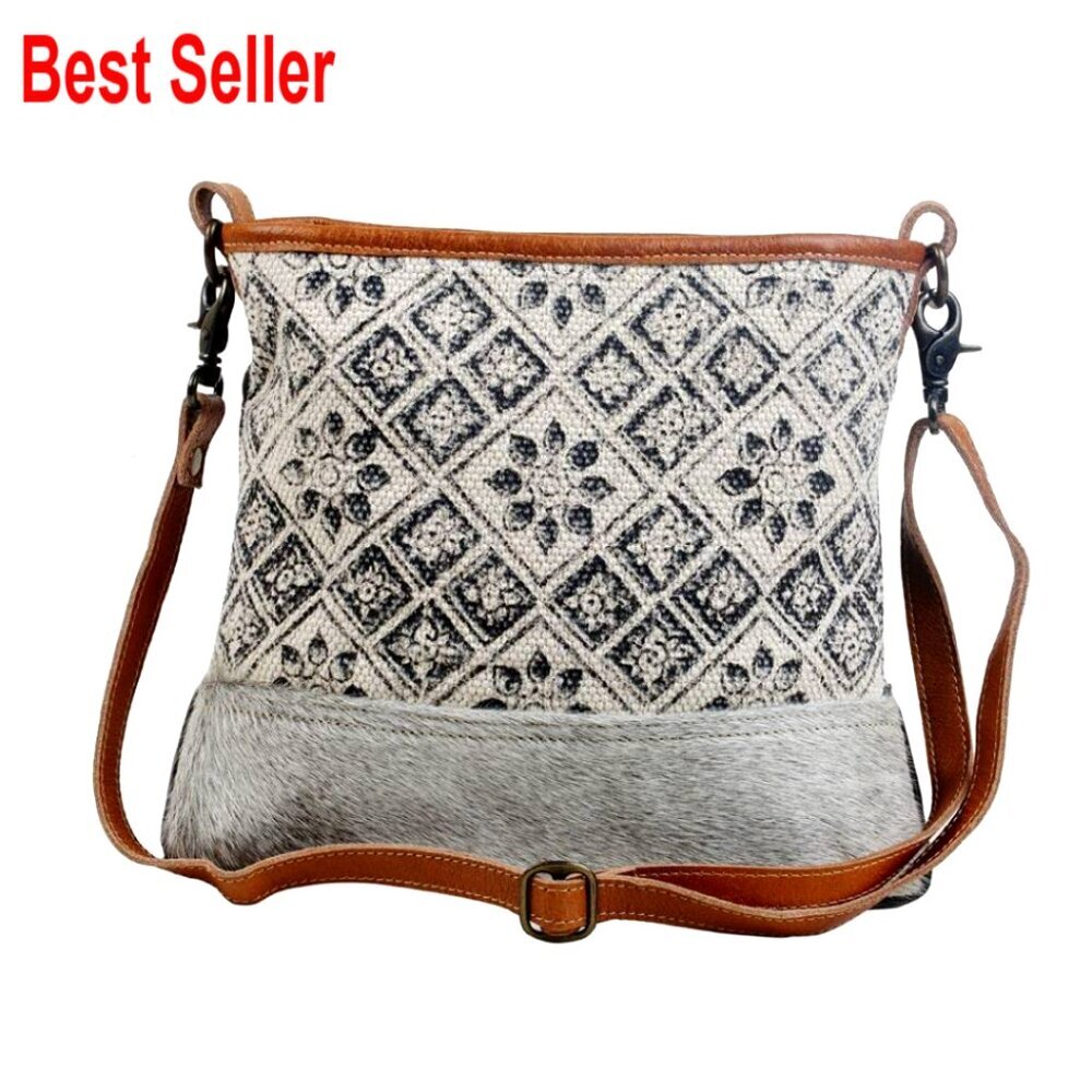 Tessellated Shoulder Bag Upcycled Cotton & Cowhide Leather Hobo